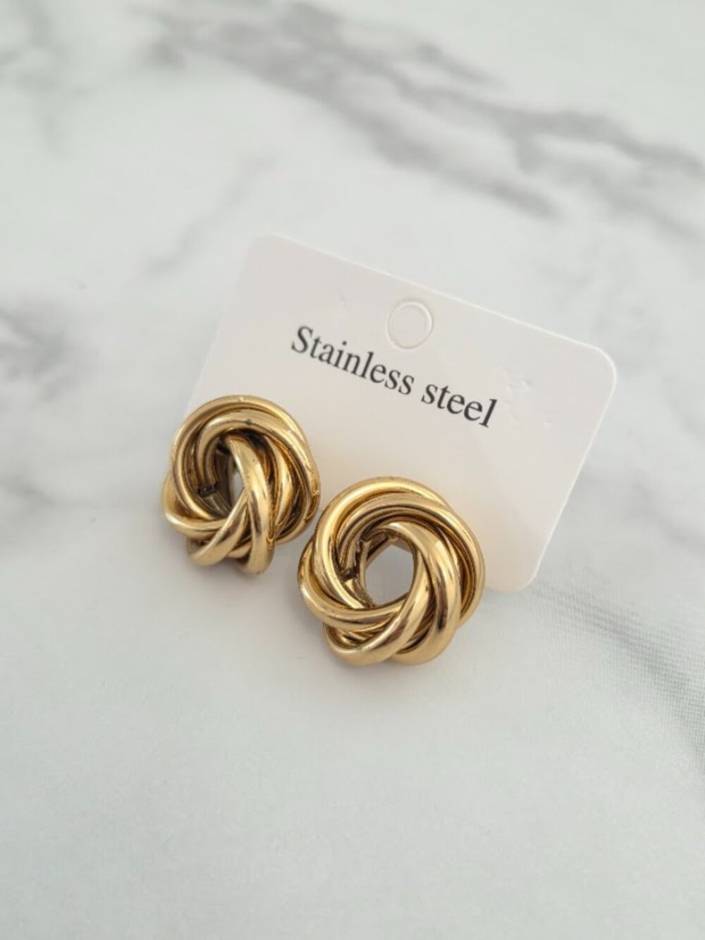 Gold Stainless Steel Woven Love Knot Stud Earrings Chunky Textured Swirl Hoop - Picture 3 of 11